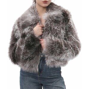 Women's Faux Fur Zip-Up Cropped Jacket Long Sleeve Warm Winter Coat Brown